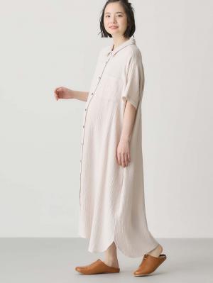 マタニティ パジャマ・ルームウェア|ぷくぷくWガーゼシャツワンピースネグリジェ マタニティ・授乳パジャマ【出産後も長く着られる】|アイスベージュ