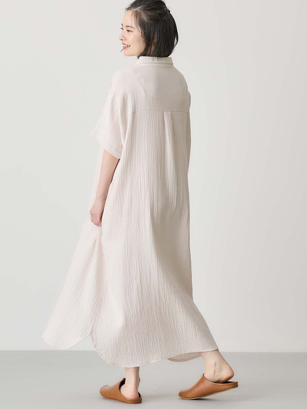 マタニティ パジャマ・ルームウェア|ぷくぷくWガーゼシャツワンピースネグリジェ マタニティ・授乳パジャマ【出産後も長く着られる】|アイスベージュ