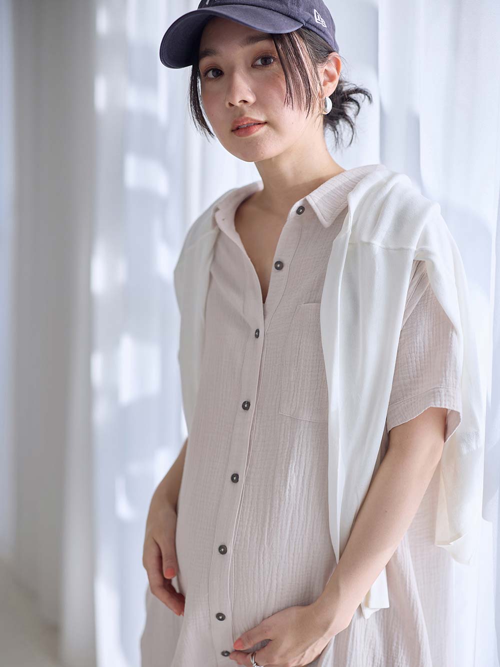 マタニティ パジャマ・ルームウェア|ぷくぷくWガーゼシャツワンピースネグリジェ　マタニティ・授乳パジャマ【出産後も長く着られる】|アイスベージュ