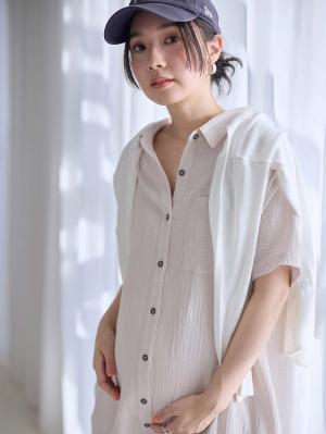 マタニティ パジャマ・ルームウェア|ぷくぷくWガーゼシャツワンピースネグリジェ　マタニティ・授乳パジャマ【出産後も長く着られる】|アイスベージュ