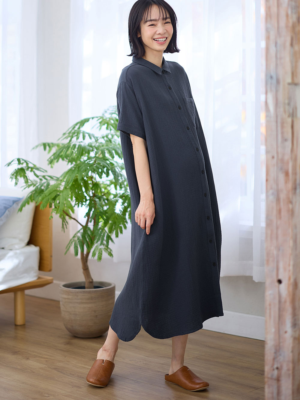 マタニティ パジャマ・ルームウェア|ぷくぷくWガーゼシャツワンピースネグリジェ マタニティ・授乳パジャマ【出産後も長く着られる】|ネイビー