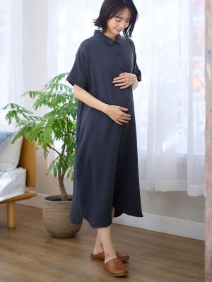 マタニティ パジャマ・ルームウェア|ぷくぷくWガーゼシャツワンピースネグリジェ マタニティ・授乳パジャマ【出産後も長く着られる】|ネイビー