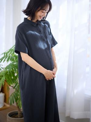 マタニティ パジャマ・ルームウェア|ぷくぷくWガーゼシャツワンピースネグリジェ マタニティ・授乳パジャマ【出産後も長く着られる】|ネイビー