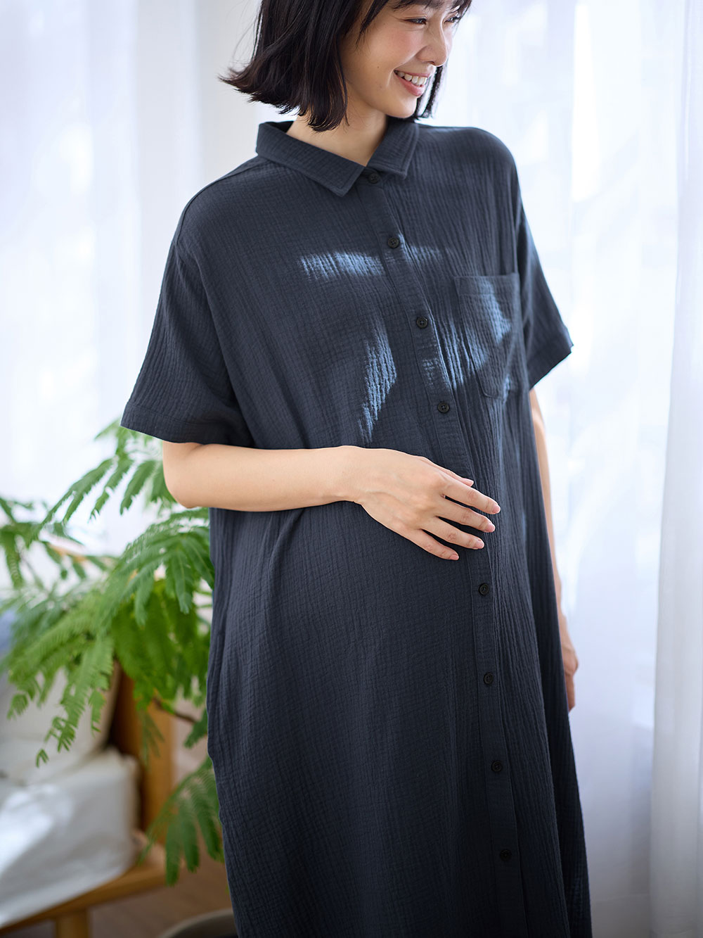 マタニティ パジャマ・ルームウェア|ぷくぷくWガーゼシャツワンピースネグリジェ マタニティ・授乳パジャマ【出産後も長く着られる】|ネイビー