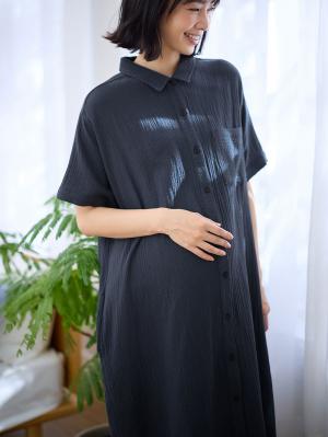 マタニティ パジャマ・ルームウェア|ぷくぷくWガーゼシャツワンピースネグリジェ マタニティ・授乳パジャマ【出産後も長く着られる】|ネイビー