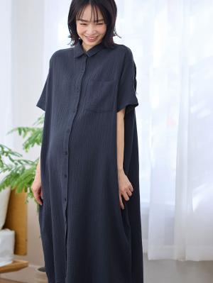 ぷくぷくWガーゼシャツワンピースネグリジェ　マタニティ・授乳パジャマ【出産後も長く着られる】10552