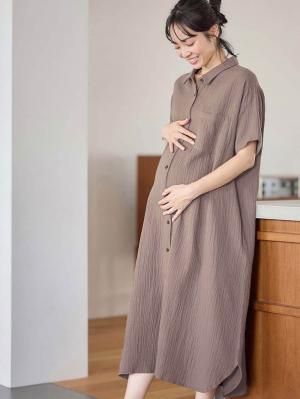 マタニティ パジャマ・ルームウェア|ぷくぷくWガーゼシャツワンピースネグリジェ　マタニティ・授乳パジャマ【出産後も長く着られる】|モカブラウン