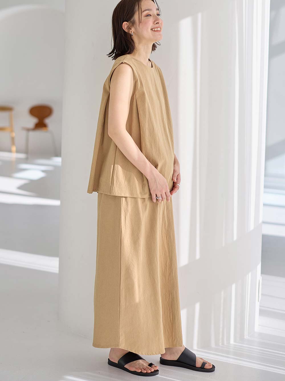 マタニティ ワンピース|【セット】リネンライクフレンチスリーブトップス&セミフレアスカートセットアップ マタニティ・授乳服【出産後も長く着られる】|ベージュ
