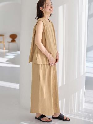 マタニティ ワンピース|【セット】リネンライクフレンチスリーブトップス&セミフレアスカートセットアップ マタニティ・授乳服【出産後も長く着られる】|ベージュ