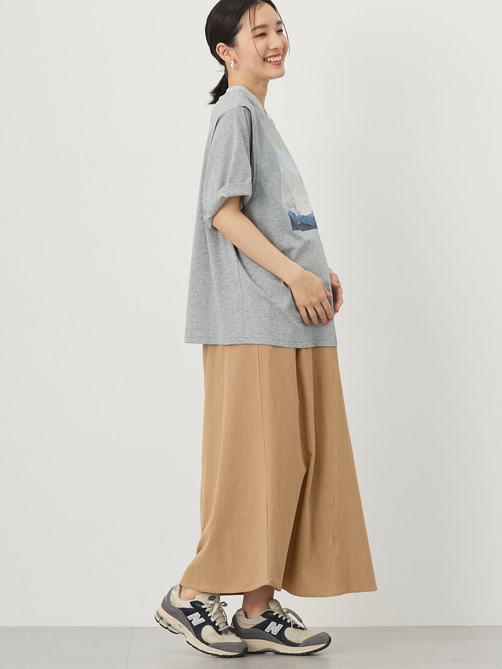 マタニティ ワンピース|【セット】リネンライクフレンチスリーブトップス&セミフレアスカートセットアップ マタニティ・授乳服【出産後も長く着られる】|ベージュ