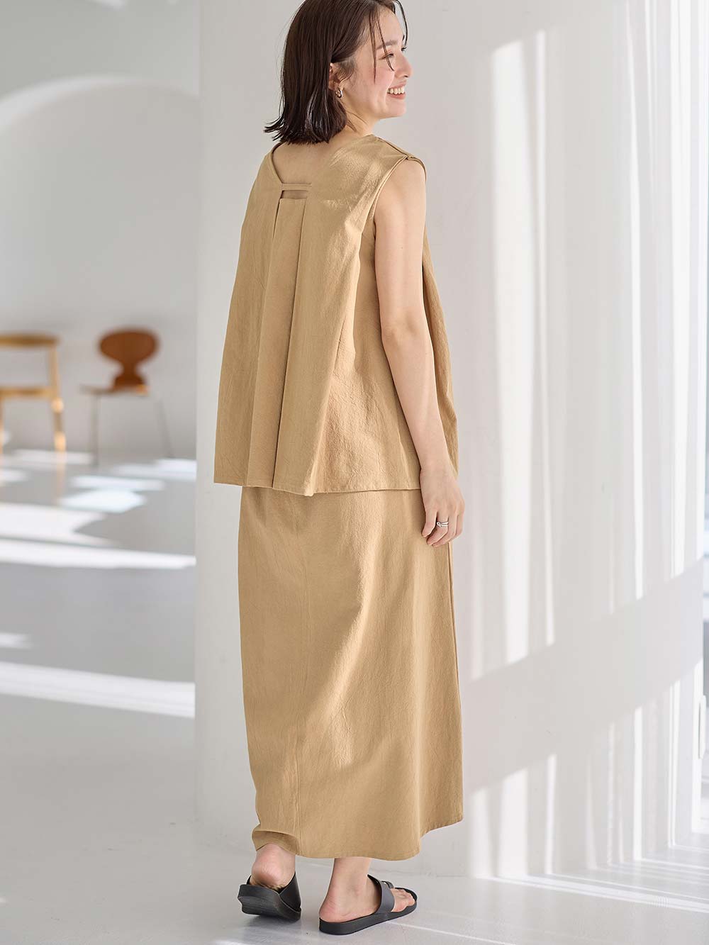 マタニティ ワンピース|【セット】リネンライクフレンチスリーブトップス&セミフレアスカートセットアップ マタニティ・授乳服【出産後も長く着られる】|ベージュ