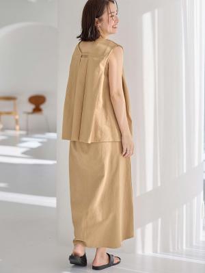 マタニティ ワンピース|【セット】リネンライクフレンチスリーブトップス&セミフレアスカートセットアップ マタニティ・授乳服【出産後も長く着られる】|ベージュ