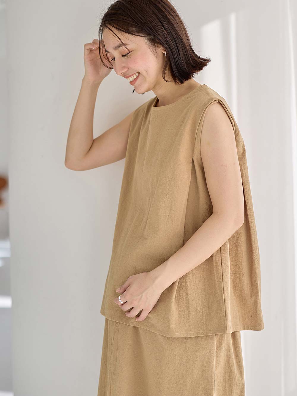 マタニティ ワンピース|【セット】リネンライクフレンチスリーブトップス&セミフレアスカートセットアップ マタニティ・授乳服【出産後も長く着られる】|ベージュ