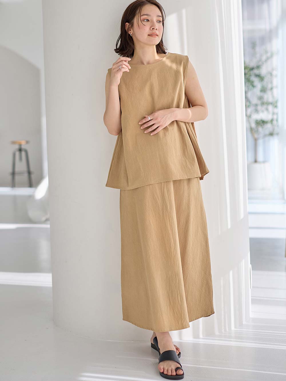 マタニティ ワンピース|【セット】リネンライクフレンチスリーブトップス&セミフレアスカートセットアップ マタニティ・授乳服【出産後も長く着られる】|ベージュ