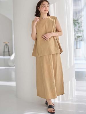 マタニティ ワンピース|【セット】リネンライクフレンチスリーブトップス&セミフレアスカートセットアップ マタニティ・授乳服【出産後も長く着られる】|ベージュ
