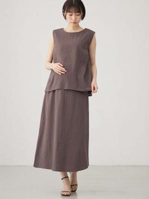 マタニティ ワンピース|【セット】リネンライクフレンチスリーブトップス&セミフレアスカートセットアップ マタニティ・授乳服【出産後も長く着られる】|モカ