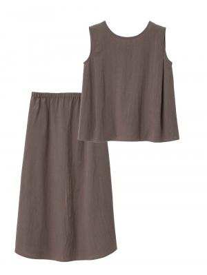 マタニティ ワンピース|【セット】リネンライクフレンチスリーブトップス&セミフレアスカートセットアップ マタニティ・授乳服【出産後も長く着られる】|モカ