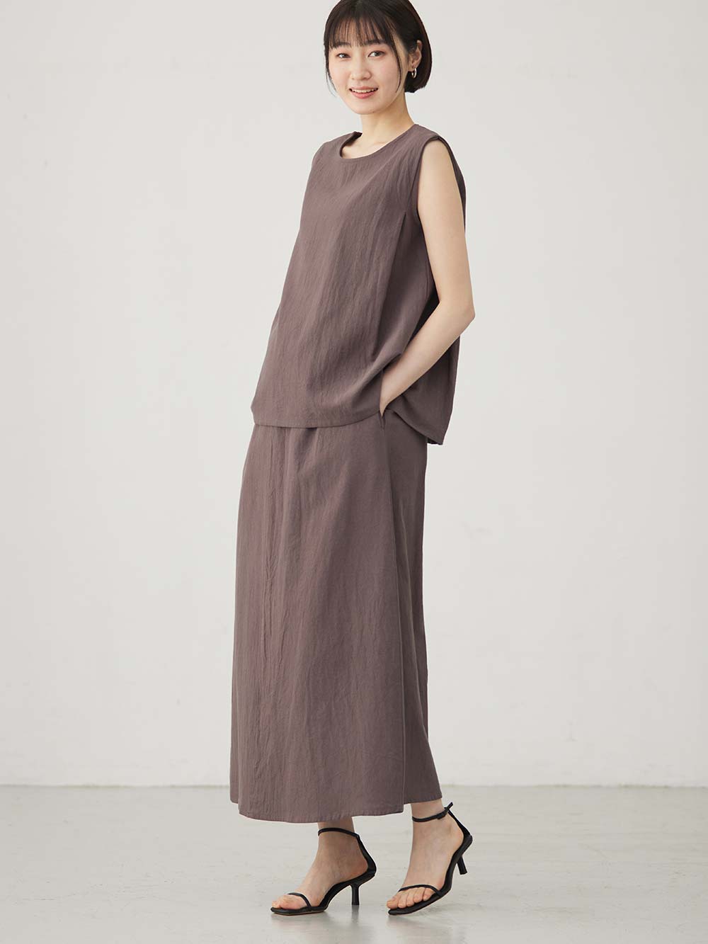 マタニティ ワンピース|【セット】リネンライクフレンチスリーブトップス&セミフレアスカートセットアップ マタニティ・授乳服【出産後も長く着られる】|モカ