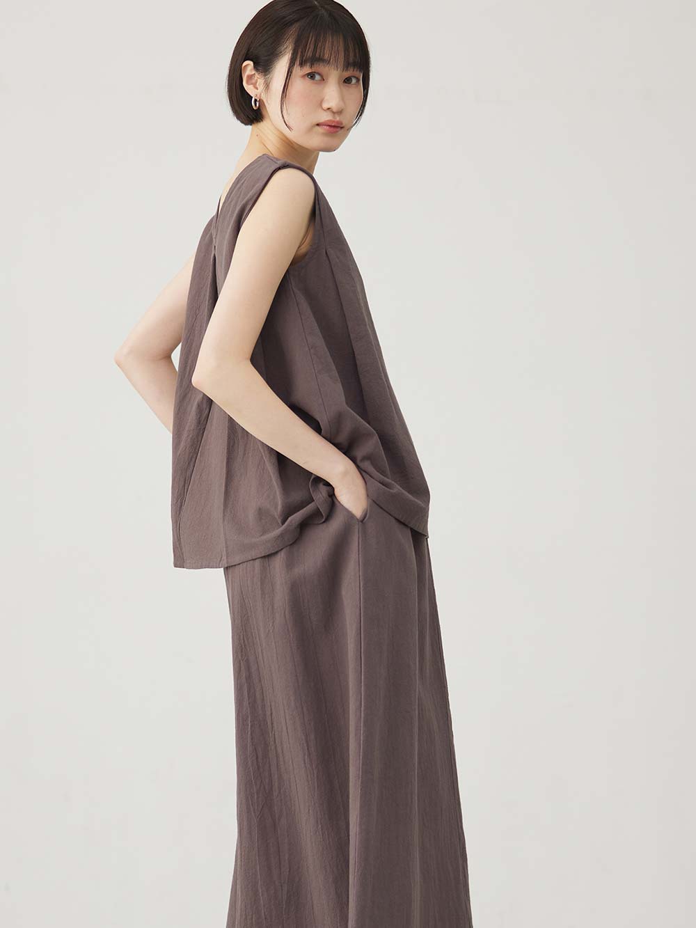 マタニティ ワンピース|【セット】リネンライクフレンチスリーブトップス&セミフレアスカートセットアップ マタニティ・授乳服【出産後も長く着られる】|モカ