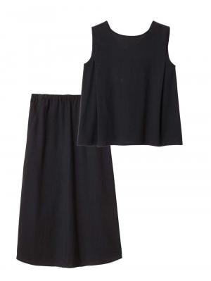 マタニティ ワンピース|【セット】リネンライクフレンチスリーブトップス&セミフレアスカートセットアップ マタニティ・授乳服【出産後も長く着られる】|ブラック