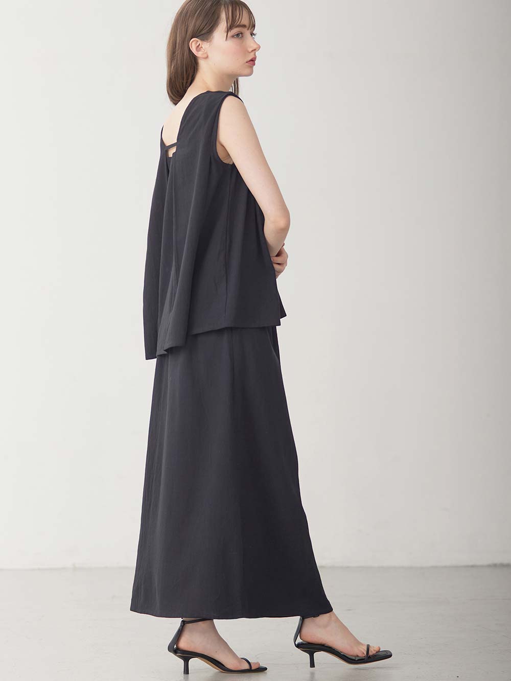 マタニティ ワンピース|【セット】リネンライクフレンチスリーブトップス&セミフレアスカートセットアップ マタニティ・授乳服【出産後も長く着られる】|ブラック