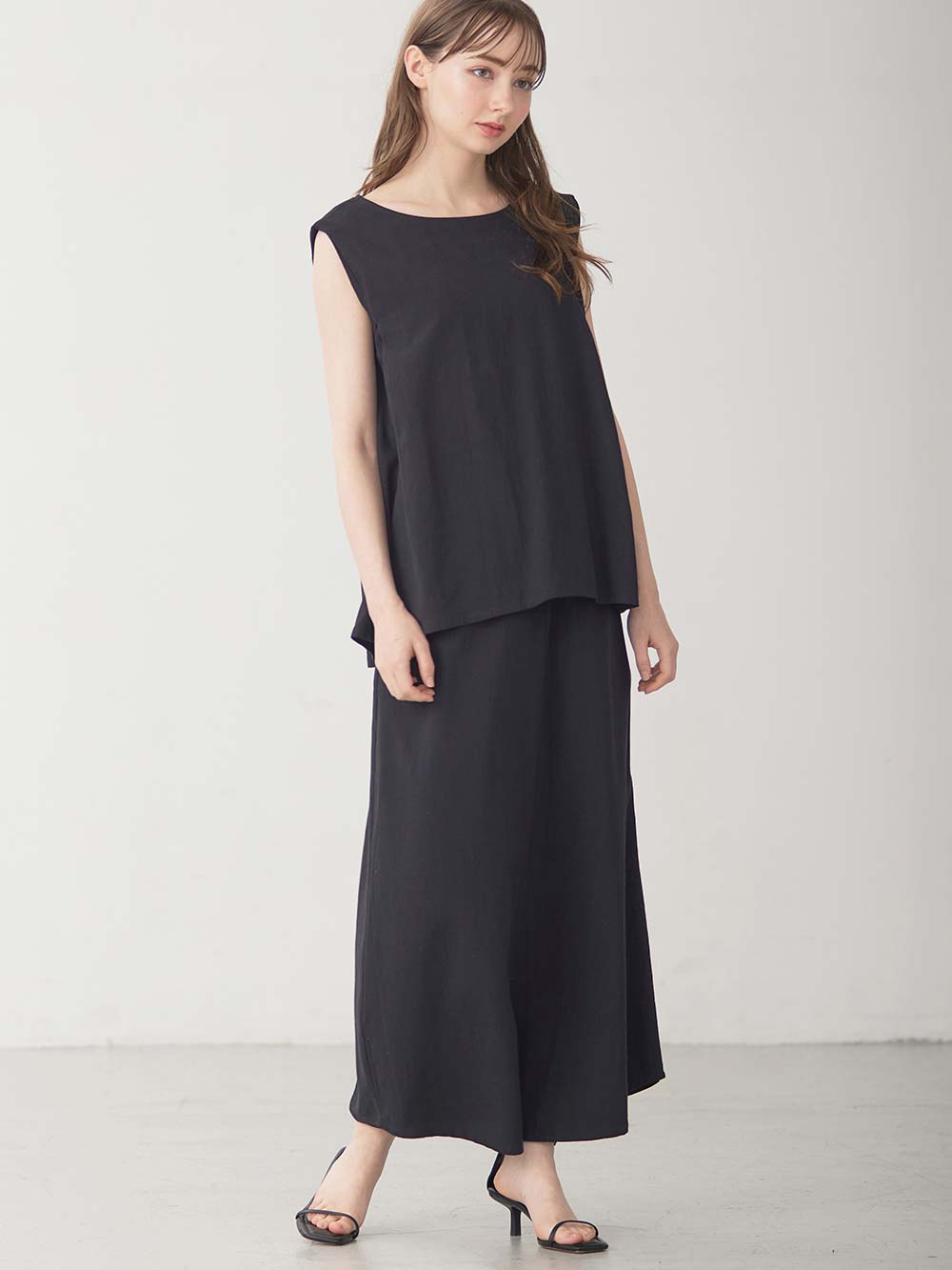 マタニティ ワンピース|【セット】リネンライクフレンチスリーブトップス&セミフレアスカートセットアップ マタニティ・授乳服【出産後も長く着られる】|ブラック