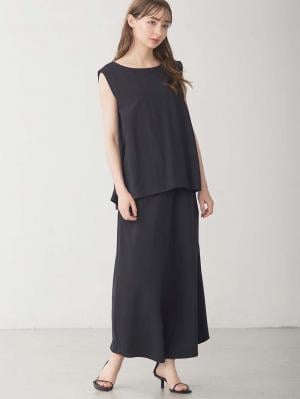 マタニティ ワンピース|【セット】リネンライクフレンチスリーブトップス&セミフレアスカートセットアップ マタニティ・授乳服【出産後も長く着られる】|ブラック