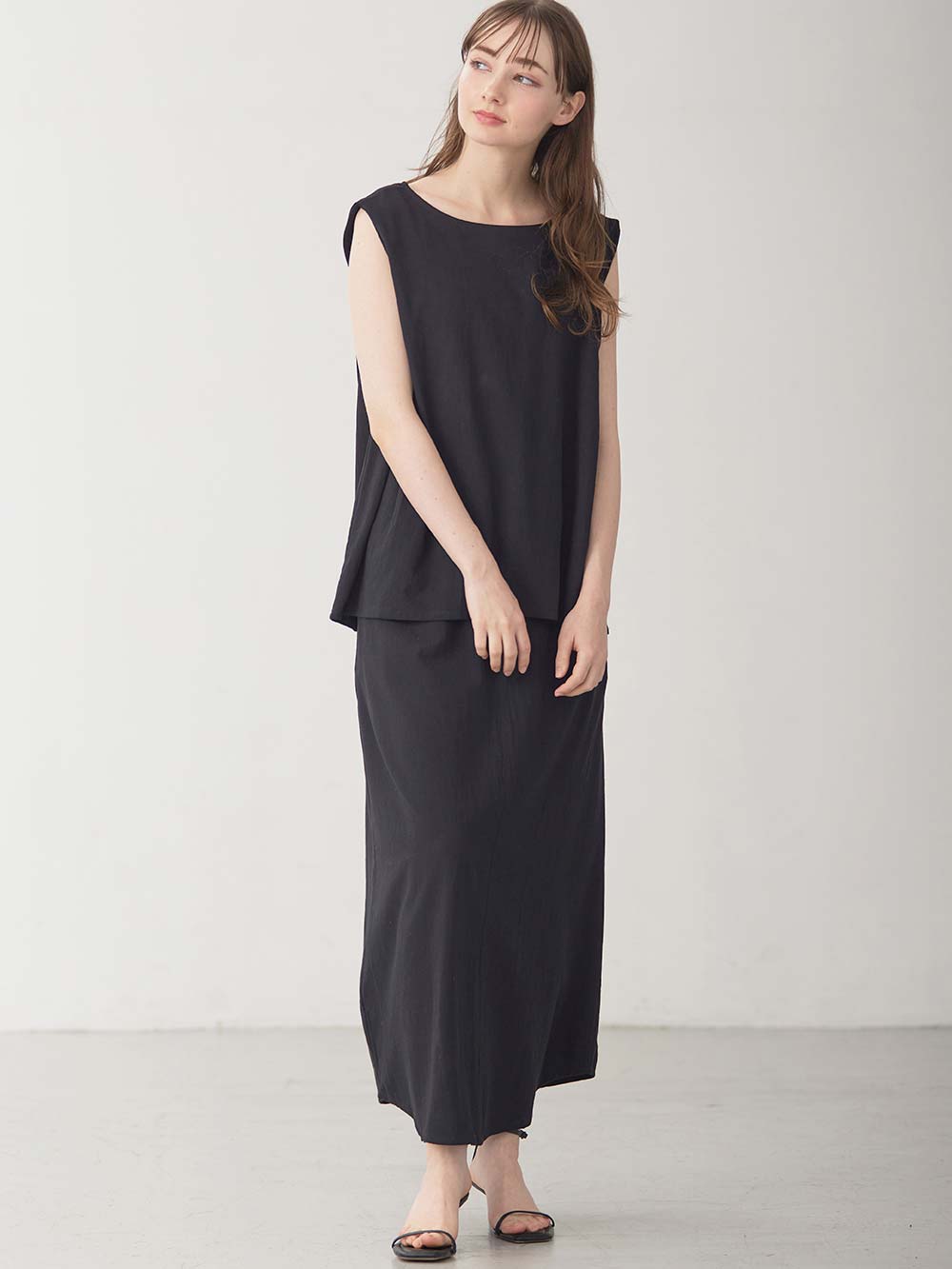 マタニティ ワンピース|【セット】リネンライクフレンチスリーブトップス&セミフレアスカートセットアップ マタニティ・授乳服【出産後も長く着られる】|ブラック