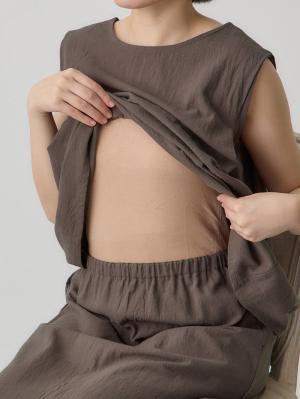 マタニティ ワンピース|【セット】リネンライクフレンチスリーブトップス&セミフレアスカートセットアップ マタニティ・授乳服【出産後も長く着られる】