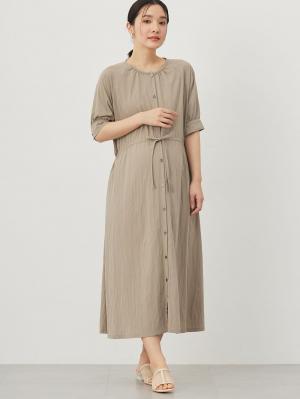 マタニティ ワンピース|ウエストギャザー半袖ワンピース　マタニティ・授乳服【出産後も長く着られる】|ベージュ