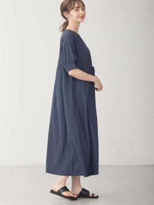 マタニティ ワンピース|ウエストギャザー半袖ワンピース　マタニティ・授乳服【出産後も長く着られる】|ネイビー
