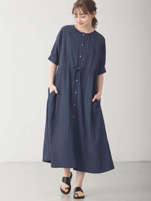 マタニティ ワンピース|ウエストギャザー半袖ワンピース　マタニティ・授乳服【出産後も長く着られる】|ネイビー