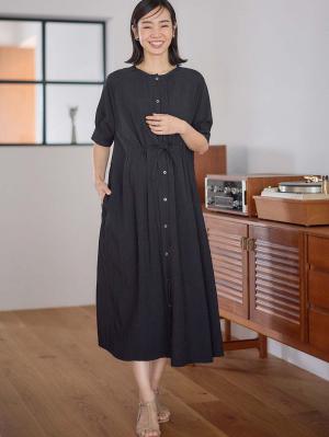 マタニティ ワンピース|ウエストギャザー半袖ワンピース　マタニティ・授乳服【出産後も長く着られる】|ブラック