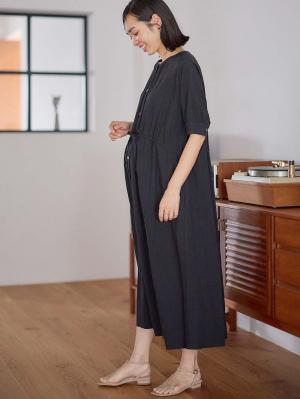 マタニティ ワンピース|ウエストギャザー半袖ワンピース　マタニティ・授乳服【出産後も長く着られる】|ブラック