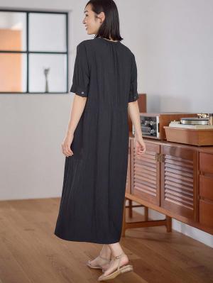 マタニティ ワンピース|ウエストギャザー半袖ワンピース　マタニティ・授乳服【出産後も長く着られる】|ブラック