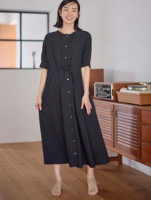 マタニティ ワンピース|ウエストギャザー半袖ワンピース　マタニティ・授乳服【出産後も長く着られる】|ブラック