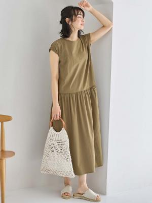 マタニティ ワンピース|切替ギャザーフレンチスリーブワンピース　マタニティ・授乳服【産後も長く着られる】|モカベージュ