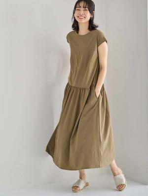 マタニティ ワンピース|切替ギャザーフレンチスリーブワンピース　マタニティ・授乳服【産後も長く着られる】|モカベージュ