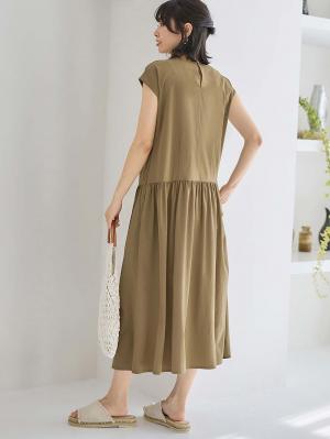 マタニティ ワンピース|切替ギャザーフレンチスリーブワンピース　マタニティ・授乳服【産後も長く着られる】|モカベージュ