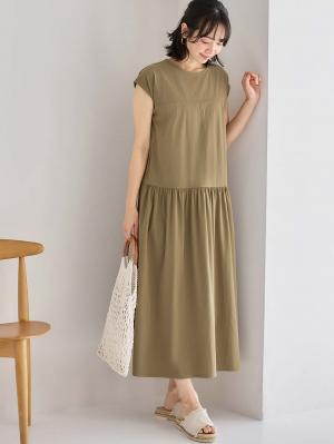 マタニティ ワンピース|切替ギャザーフレンチスリーブワンピース　マタニティ・授乳服【産後も長く着られる】|モカベージュ