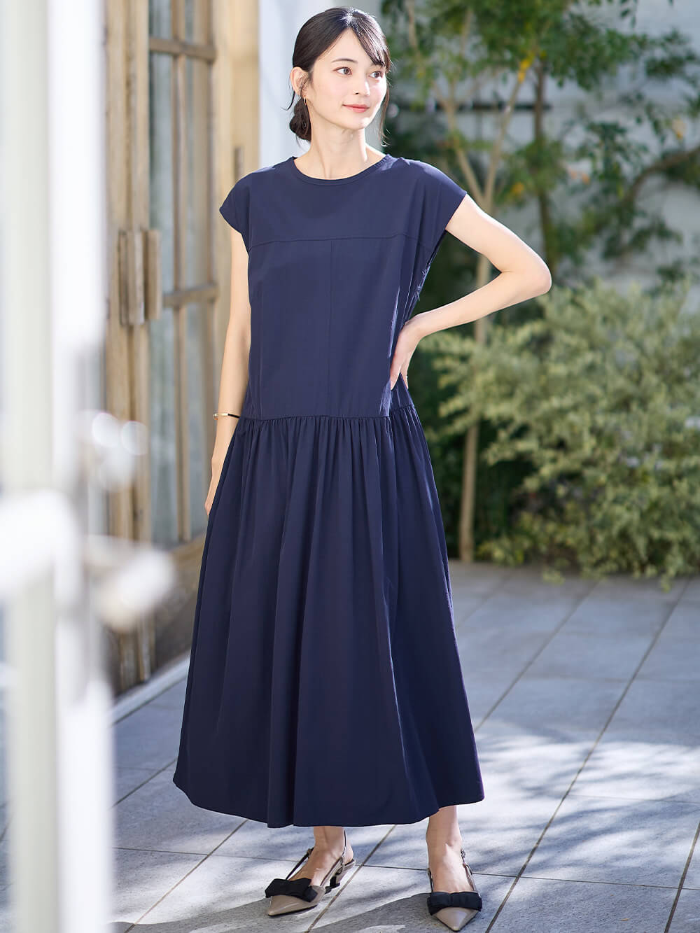 切替ギャザーフレンチスリーブワンピース マタニティ・授乳服【産後も 
