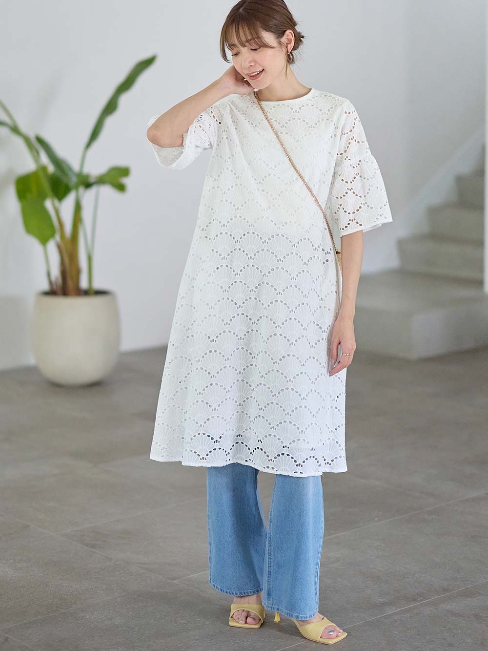 マタニティ ワンピース|カットワークレース半袖ワンピース マタニティ・授乳服【出産後も長く着られる】|オフホワイト