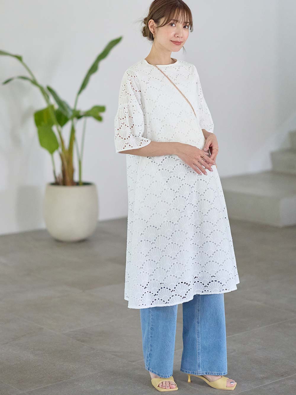 マタニティ ワンピース|カットワークレース半袖ワンピース マタニティ・授乳服【出産後も長く着られる】|オフホワイト