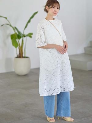 マタニティ ワンピース|カットワークレース半袖ワンピース マタニティ・授乳服【出産後も長く着られる】|オフホワイト
