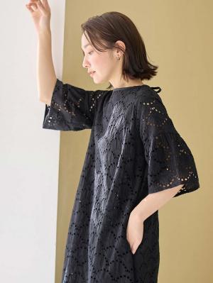 マタニティ ワンピース|カットワークレース半袖ワンピース マタニティ・授乳服【出産後も長く着られる】|ブラック