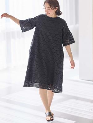 マタニティ ワンピース|カットワークレース半袖ワンピース マタニティ・授乳服【出産後も長く着られる】|ブラック