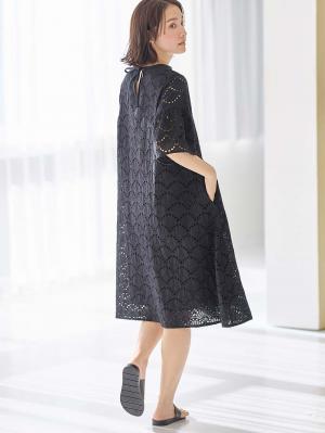 マタニティ ワンピース|カットワークレース半袖ワンピース マタニティ・授乳服【出産後も長く着られる】|ブラック