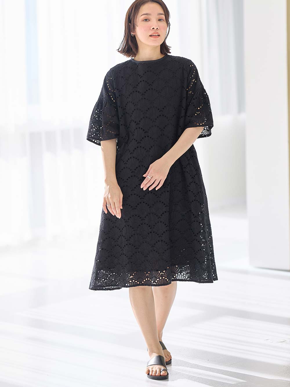 マタニティ ワンピース|カットワークレース半袖ワンピース マタニティ・授乳服【出産後も長く着られる】|ブラック