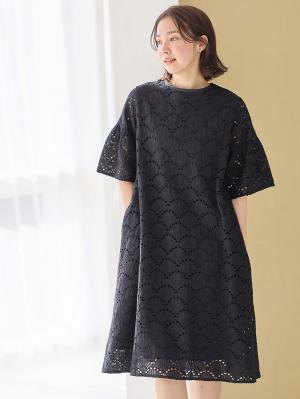 マタニティ ワンピース|カットワークレース半袖ワンピース マタニティ・授乳服【出産後も長く着られる】|ブラック