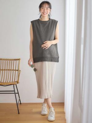 マタニティ トップス|綿混スウェット重ね着風フレンチスリーブトップス マタニティ・授乳服【出産後も長く着られる】|杢チャコール